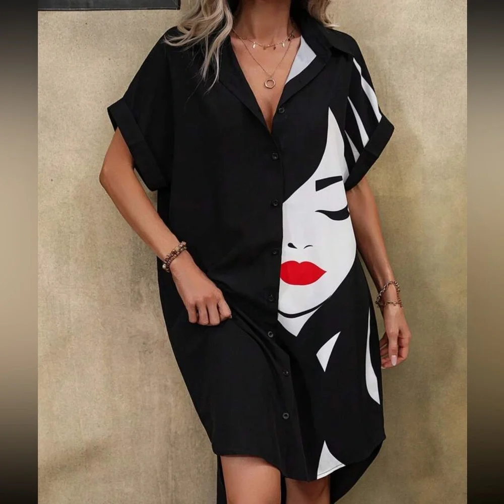 New SHEIN LUNE Figure Graphic Batwing Sleeve Shirt Dress - Picture 6 of 14